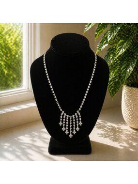 Silver Rhinestone Statement Necklace With Cascading Fringe Design